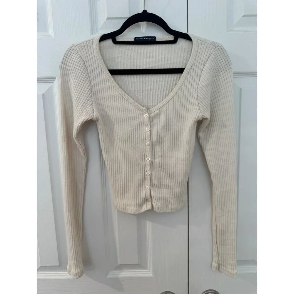 Brandy Melville Ribbed Cardigan Sweater Cream Off White V-Neck Button Front Top